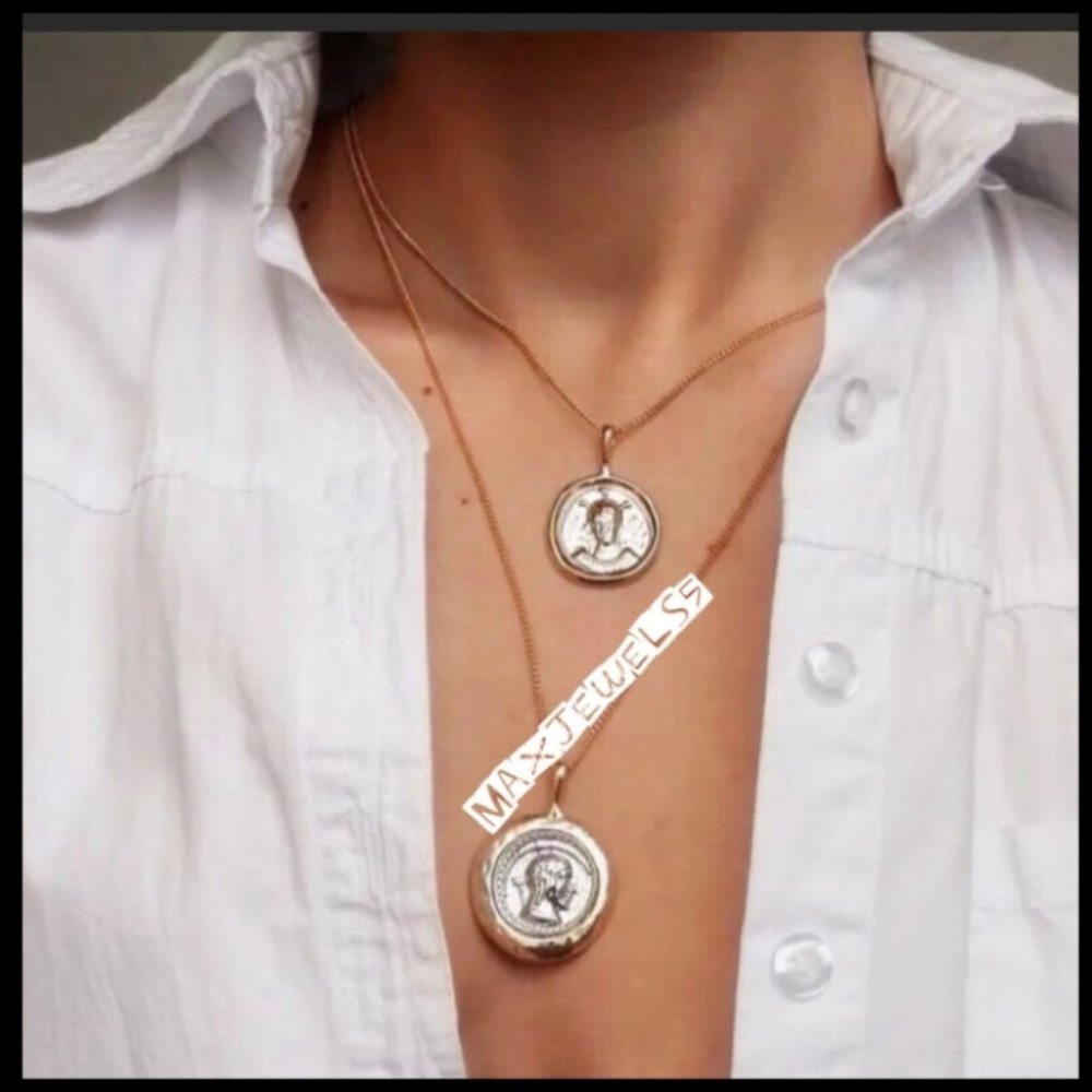Coin Pendant Vintage Double Chain Layered Necklace - Picture 5 of 12